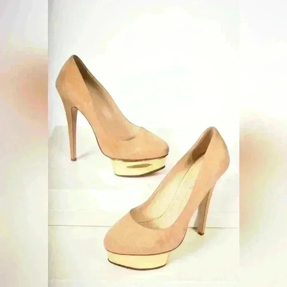 CHARLOTTE  OLYMPIA Beige Gold Metallic Dolly High Heel Suede Pumps 38.5EU Italy - Picture 1 of 8